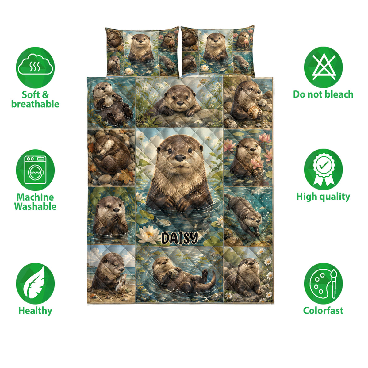 Otter quilt bedding set displayed with matching printed pillow options and care feature icons