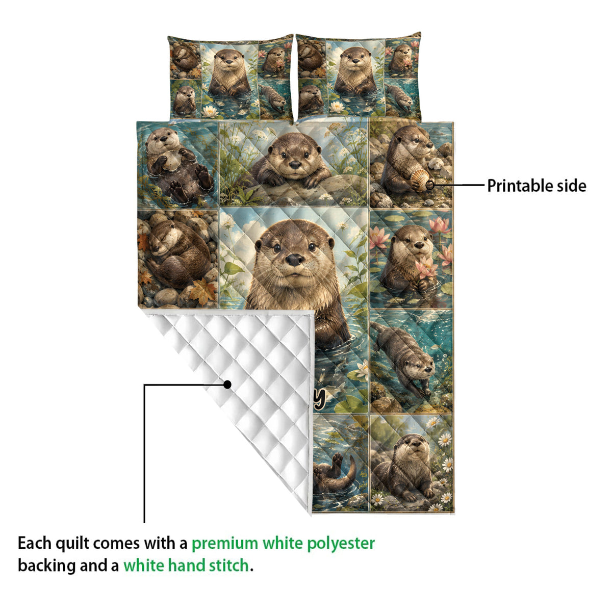 Otter quilt showing the colorful printed side and white diamond-stitched backing