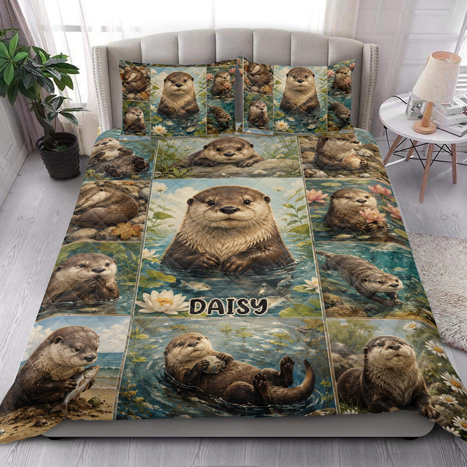 Otter quilt blanket styled in a bright bedroom with aquatic wildlife and water lily artwork