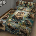 Close view of an otter quilt bedding set with realistic river scenes and multiple otter portraits