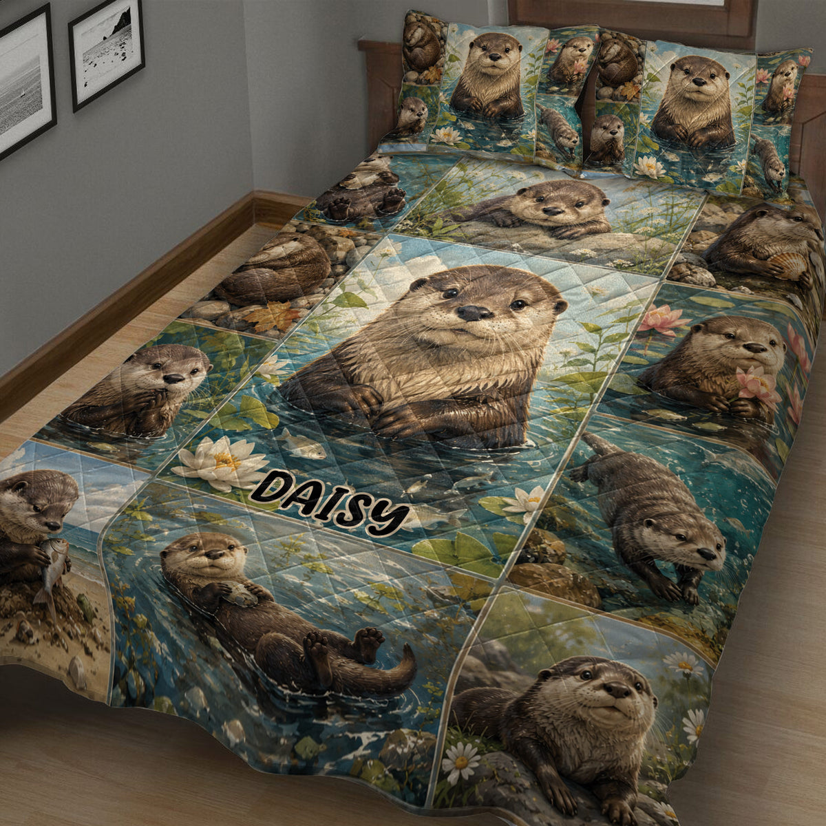 Close view of an otter quilt bedding set with realistic river scenes and multiple otter portraits