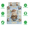 Otter quilt bedding set shown with daisy stream artwork and care and quality feature icons