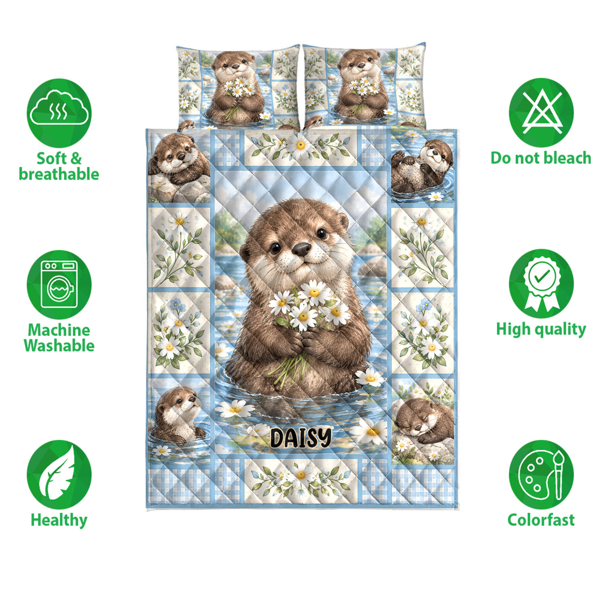 Otter quilt bedding set shown with daisy stream artwork and care and quality feature icons