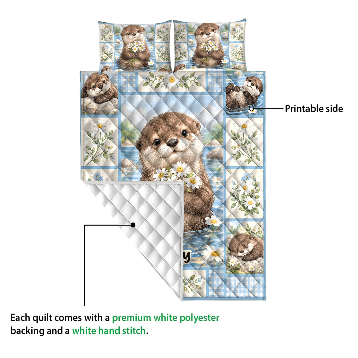 Otter quilt blanket showing the printed front artwork and quilted white backing detail