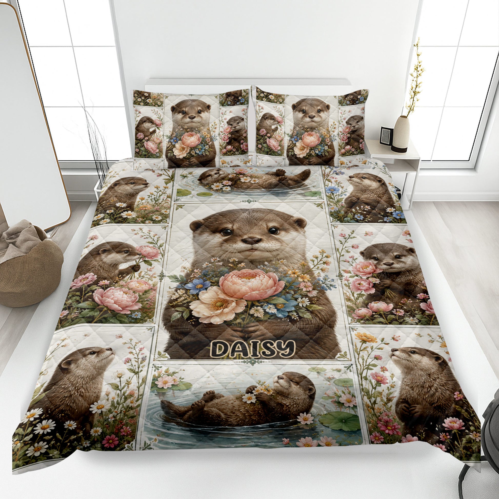 Otter quilt blanket displayed on a bed with floral artwork, water scenes, and a large central otter portrait