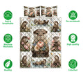 Otter quilt bedding set shown with floral wildlife artwork and feature icons around the printed bedspread
