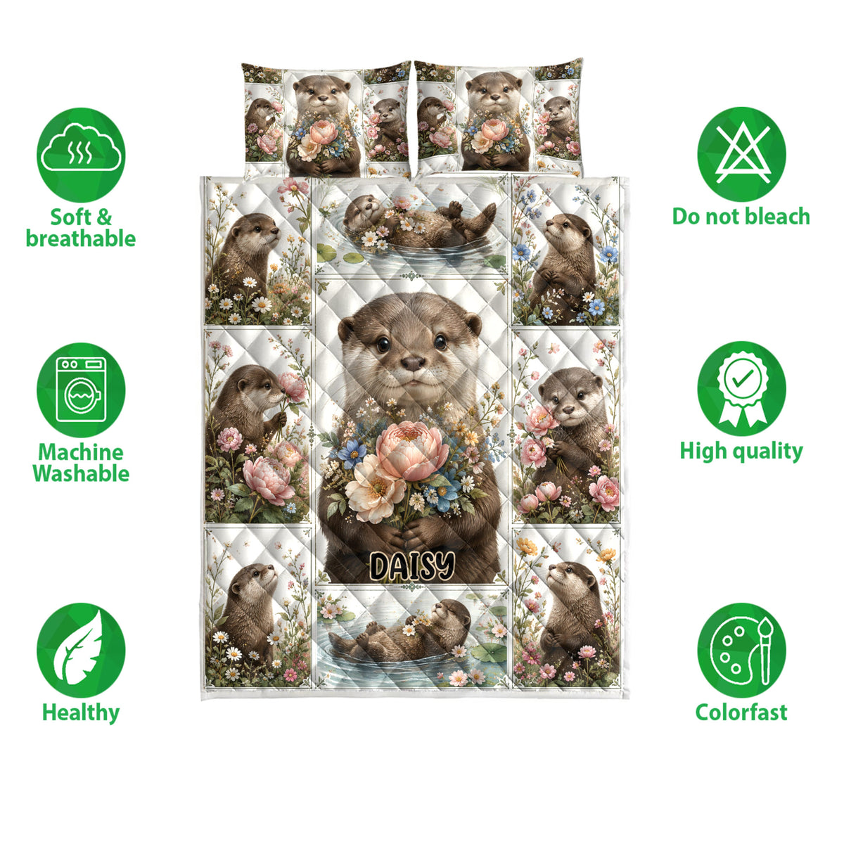 Otter quilt bedding set shown with floral wildlife artwork and feature icons around the printed bedspread