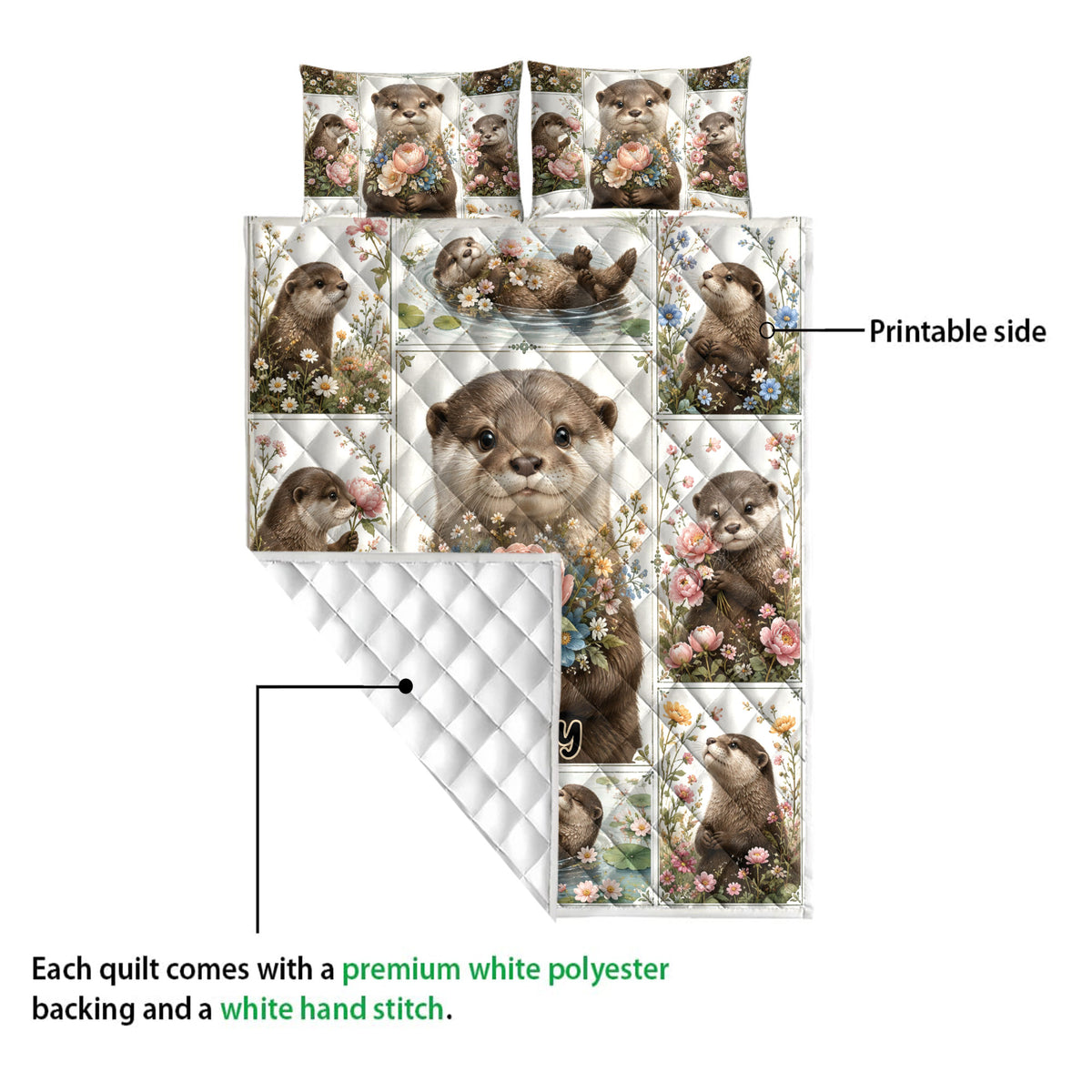 Otter quilt blanket detail showing the printed floral side and white diamond-quilted reverse