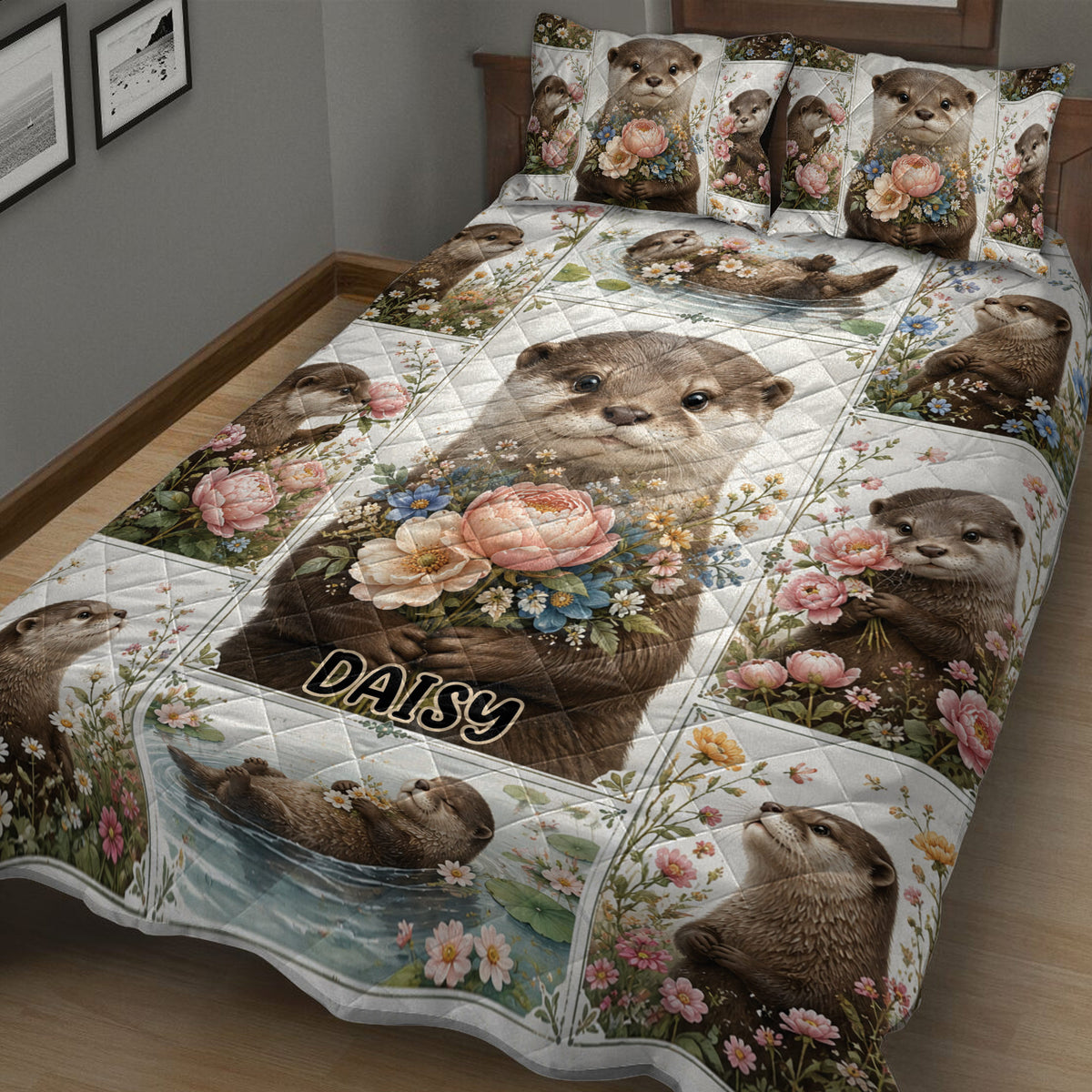 Close bedroom view of an otter quilt blanket featuring flower-filled wildlife scenes and playful swimming otters