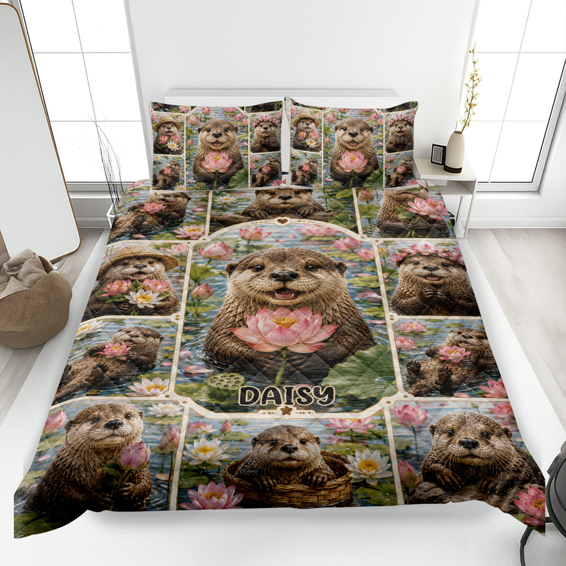 Otter quilt blanket displayed on a bed with lotus flowers, pond scenery, and colorful wildlife artwork