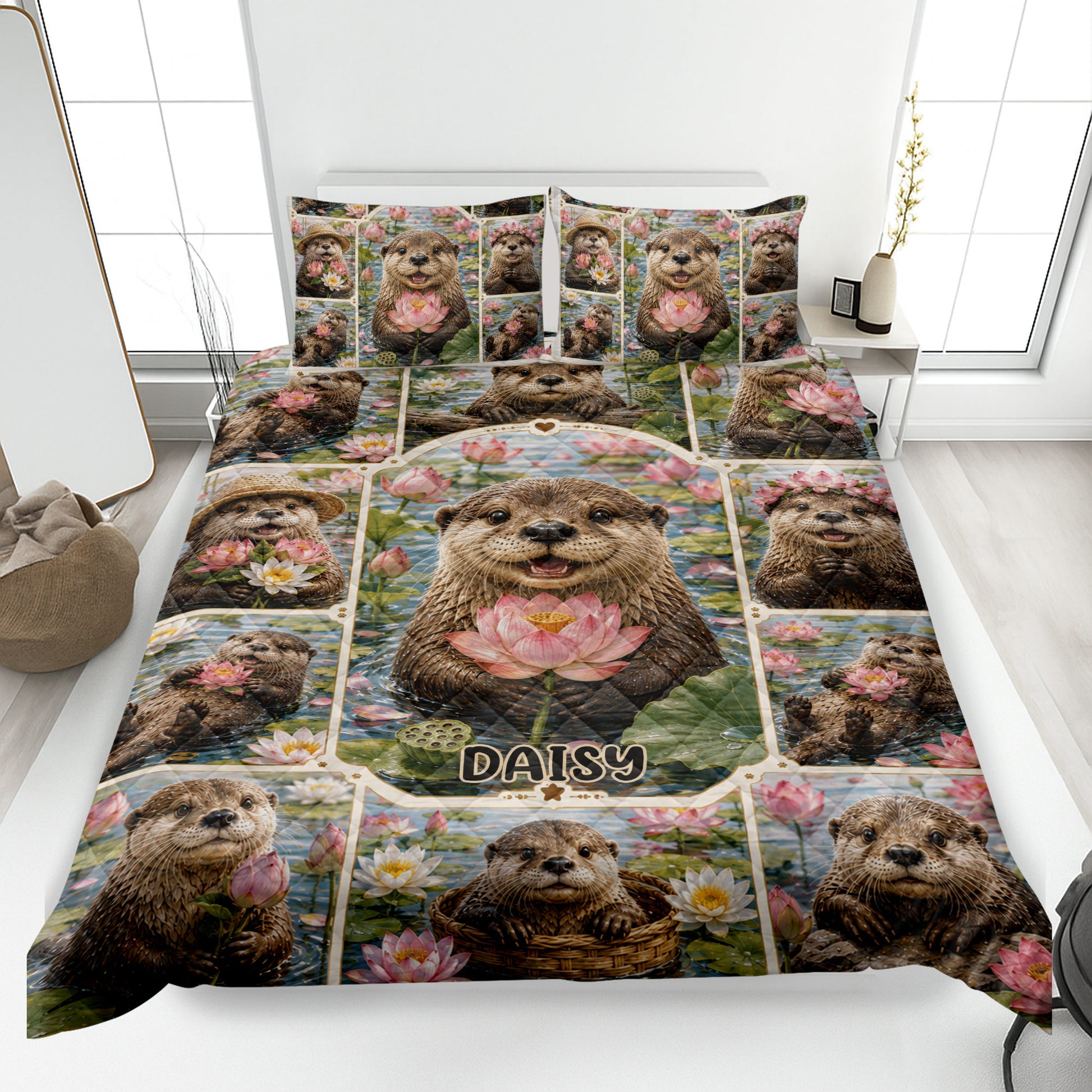 Otter quilt blanket displayed on a bed with lotus flowers, pond scenery, and colorful wildlife artwork