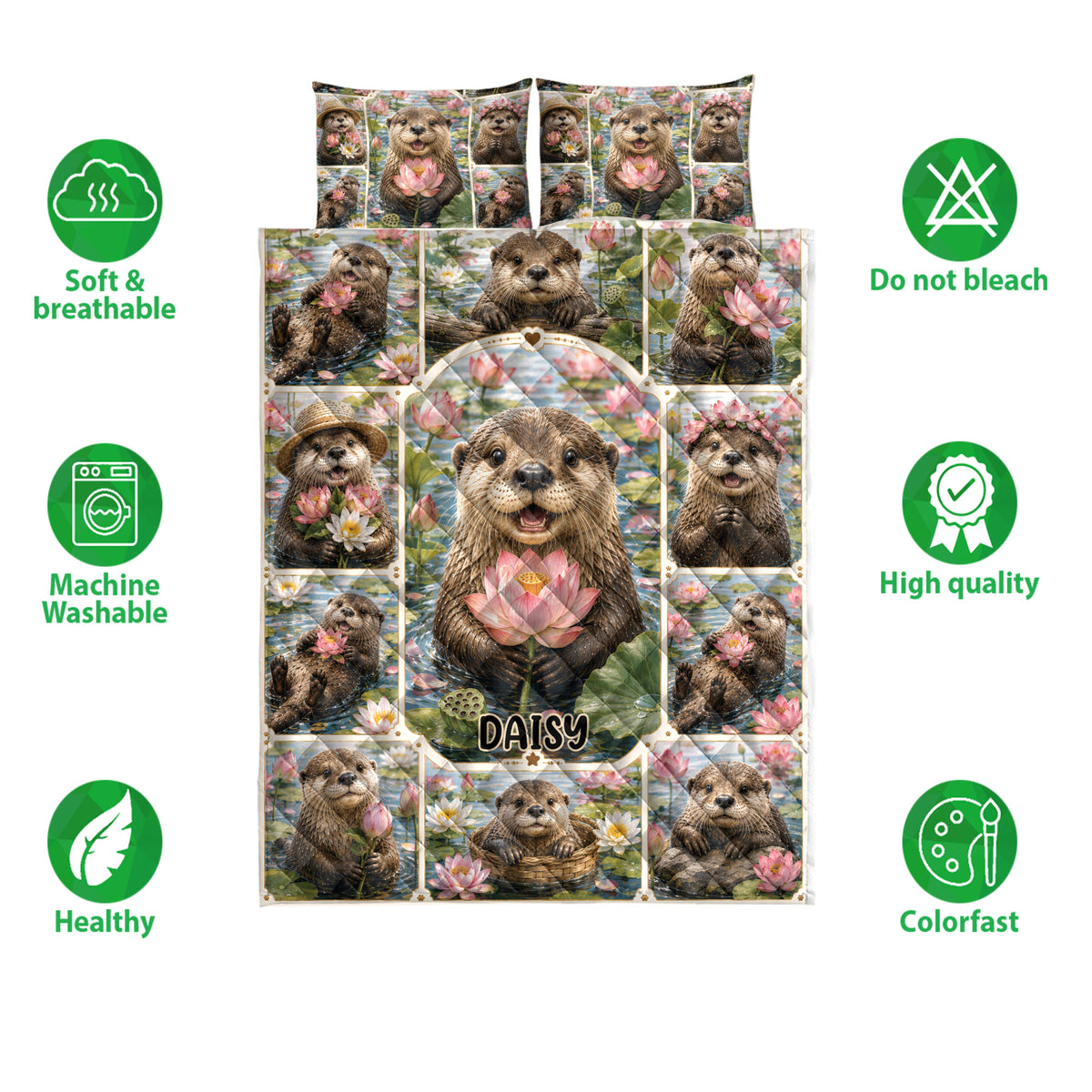 Otter quilt bedding set shown with lotus pond artwork and soft, breathable care feature icons