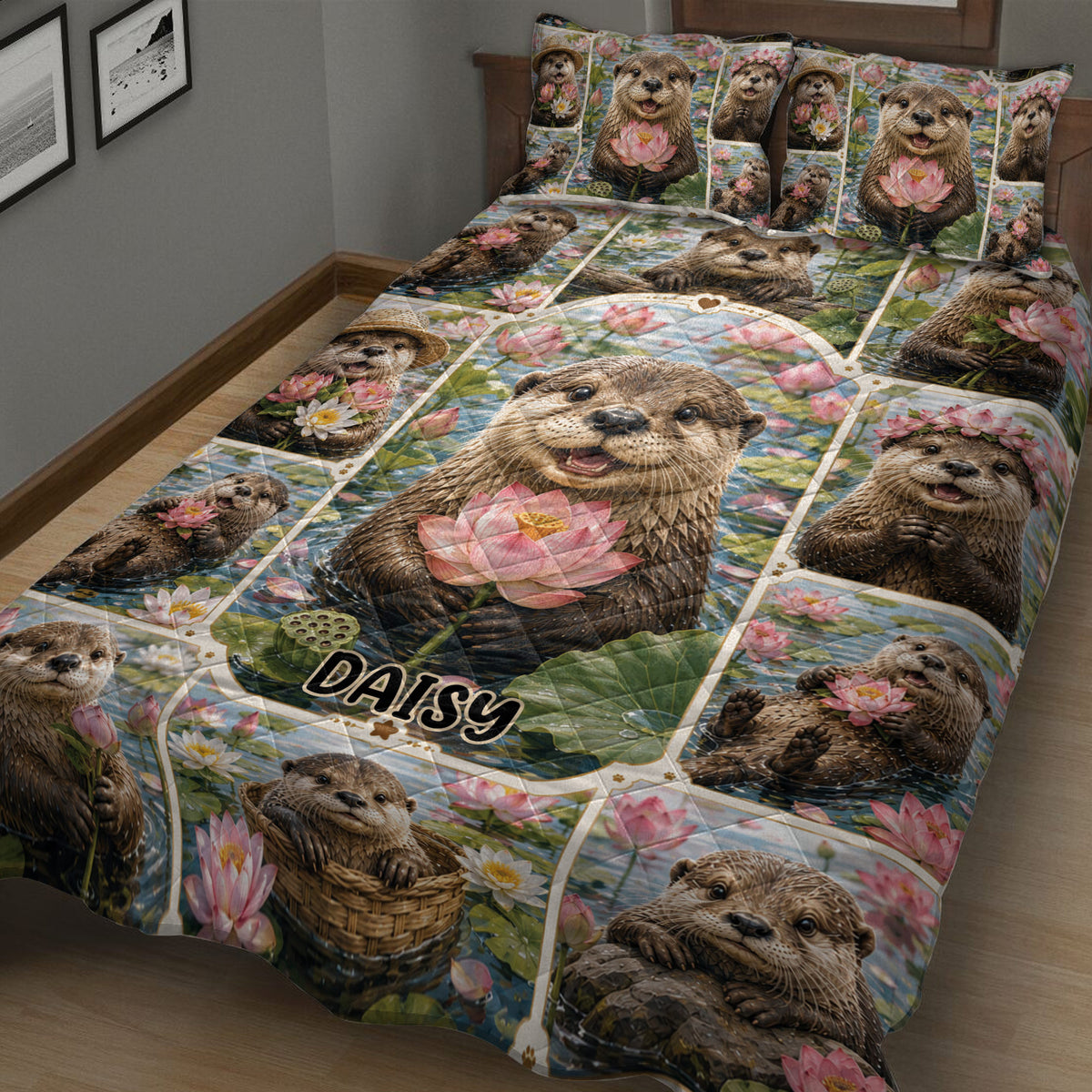 Close lifestyle view of an otter quilt blanket featuring pond scenes and colorful lotus blossoms
