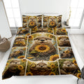 Otter quilt blanket featuring a collage of playful otters holding sunflowers on a bedroom bed