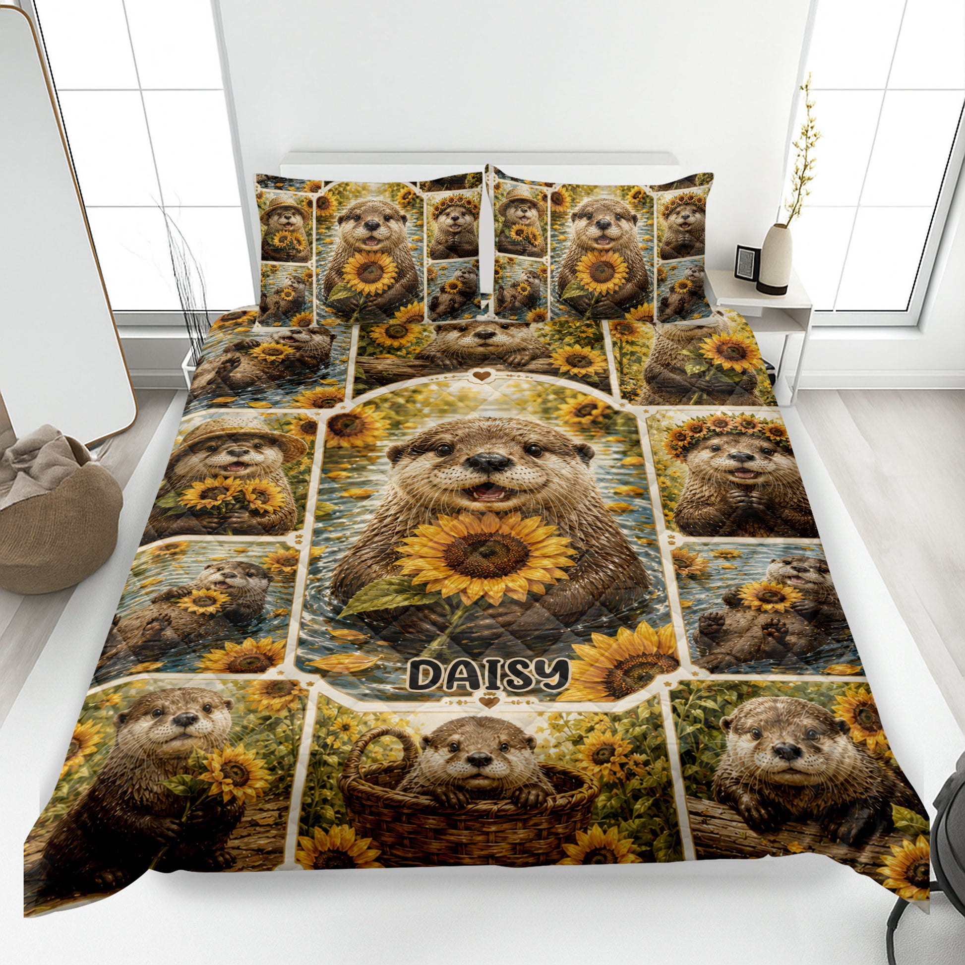 Otter quilt blanket featuring a collage of playful otters holding sunflowers on a bedroom bed