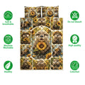 Otter quilt bedding set displayed with sunflowers, plus soft breathable and care feature icons