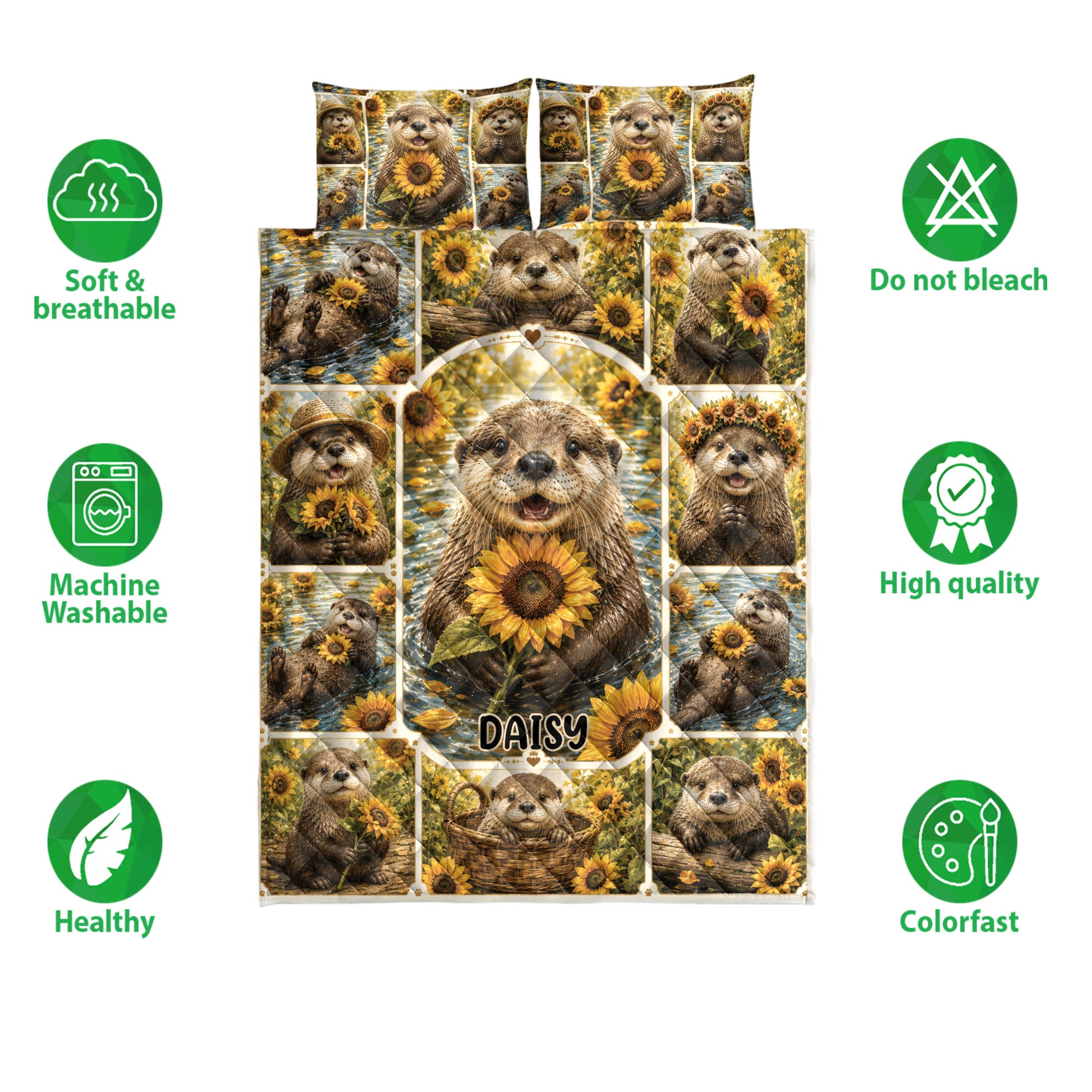 Otter quilt bedding set displayed with sunflowers, plus soft breathable and care feature icons