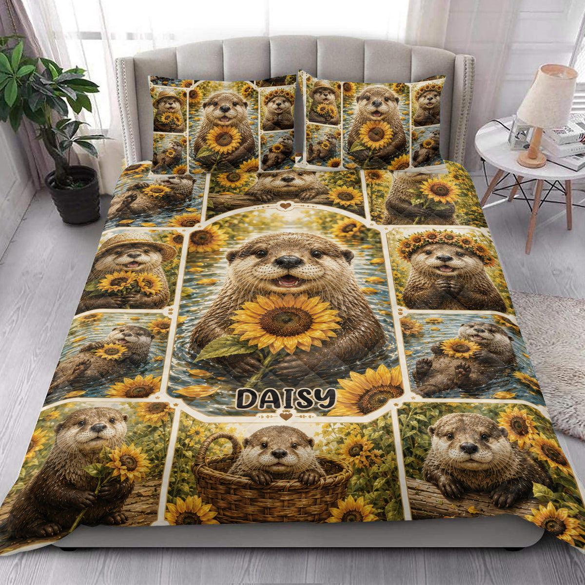 Sunflower otter quilt blanket styled across a bed in a bright bedroom with matching printed pillows