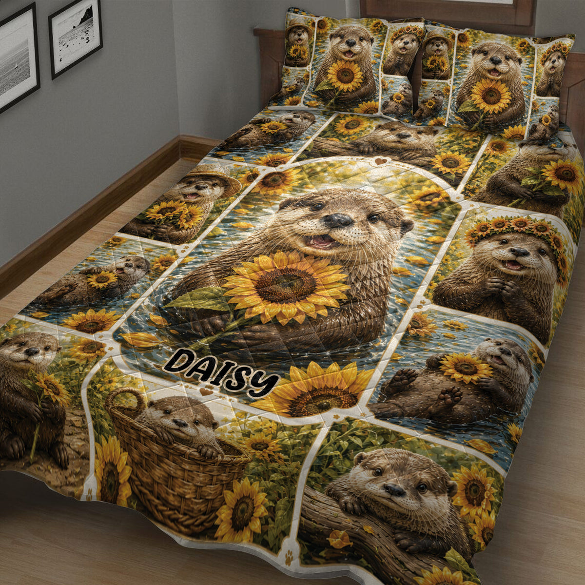 Close-up otter quilt blanket with detailed sunflower artwork and playful wildlife scenes