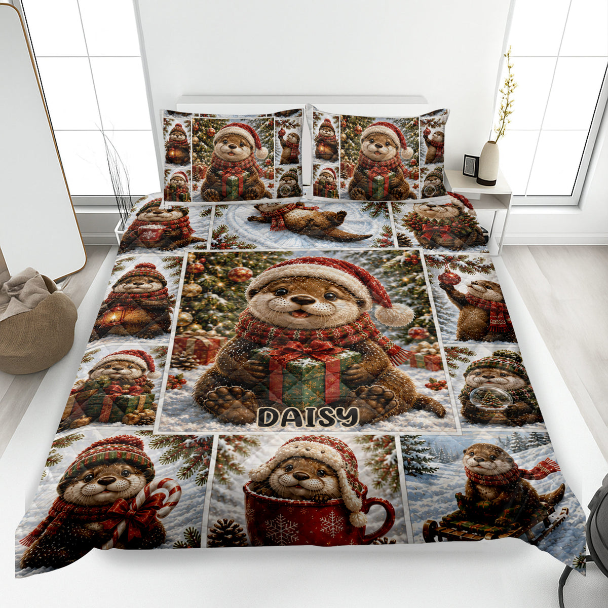 Christmas otter quilt blanket displayed on a bed with festive pillows and snowy holiday artwork