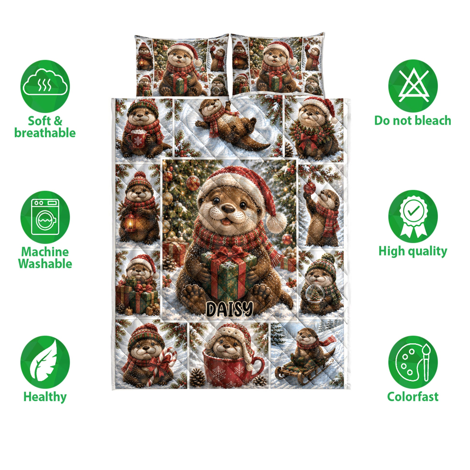 Christmas otter quilt bedding set shown with festive panels and soft breathable product icons