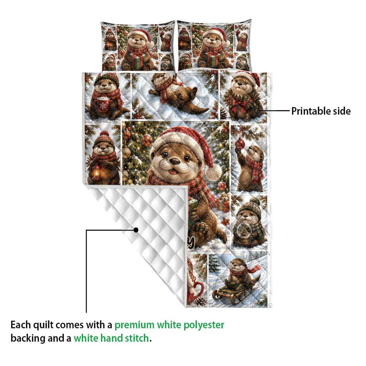 Close view of printed Christmas otter quilt artwork and white diamond-stitched backing