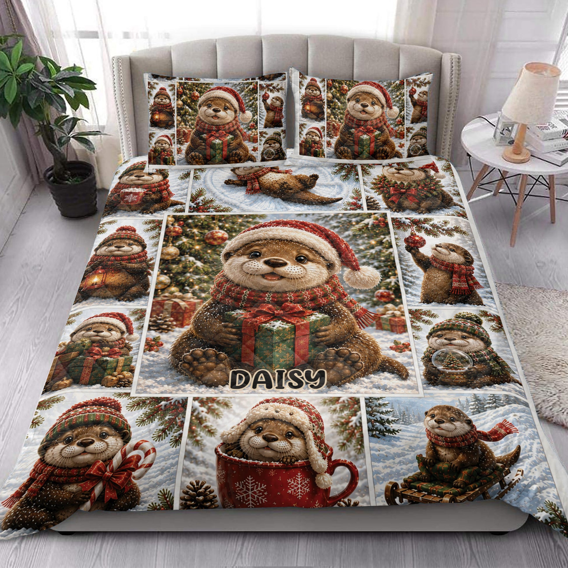 Festive Christmas otter quilt blanket styled on a bedroom bed with matching holiday artwork
