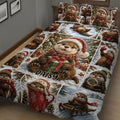 Detailed bedroom view of Christmas otter quilt blanket with gifts, ornaments, scarves, and snow