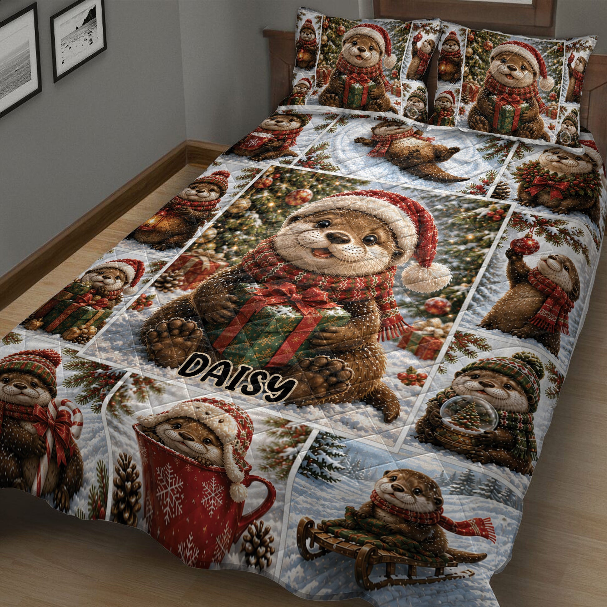 Detailed bedroom view of Christmas otter quilt blanket with gifts, ornaments, scarves, and snow