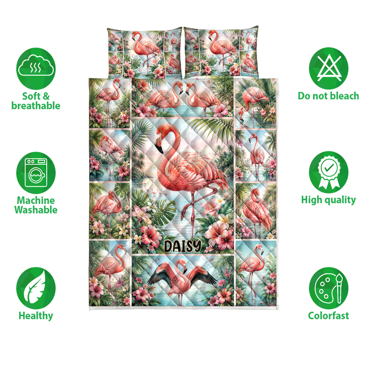 Flamingo quilt bedding set displayed with soft, breathable, washable, and colorfast feature icons