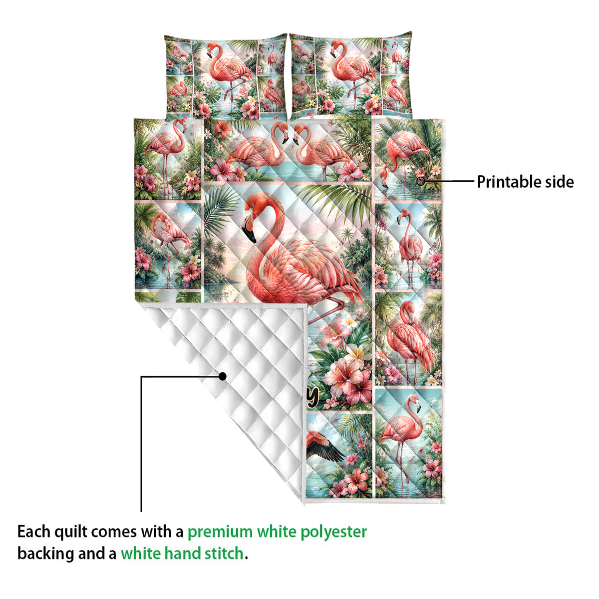 Flamingo quilt showing the colorful printed front and white diamond-stitched backing