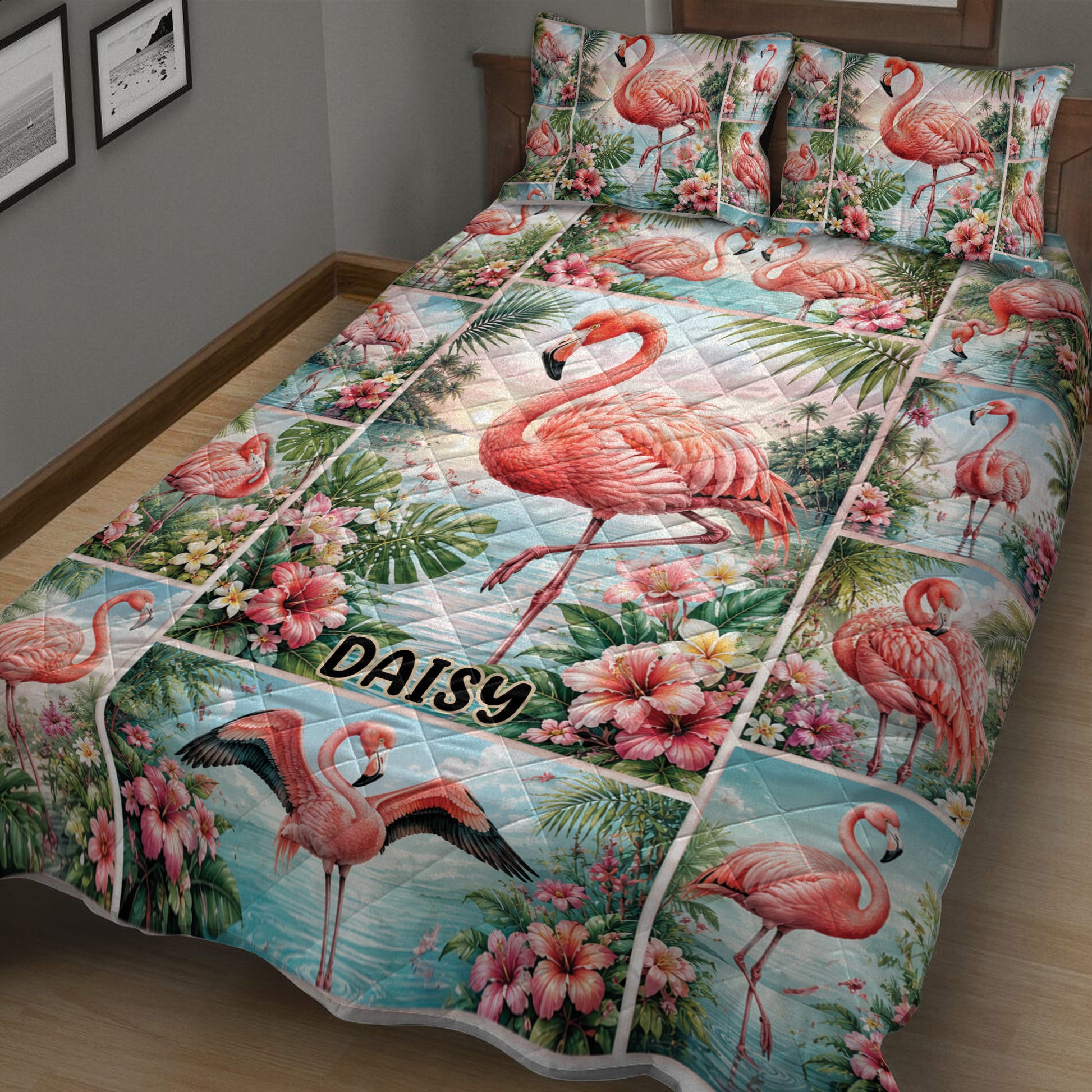 Close bedroom view of a flamingo quilt blanket featuring tropical flowers, palms, and aqua scenery
