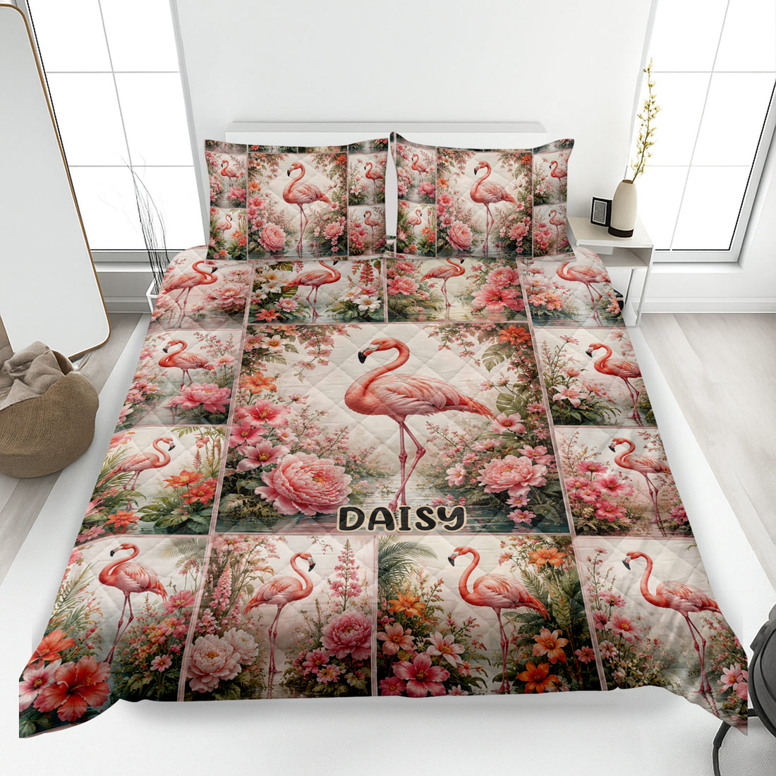 Flamingo quilt blanket bedding set displayed on a bed with pink flowers and tropical botanical artwork