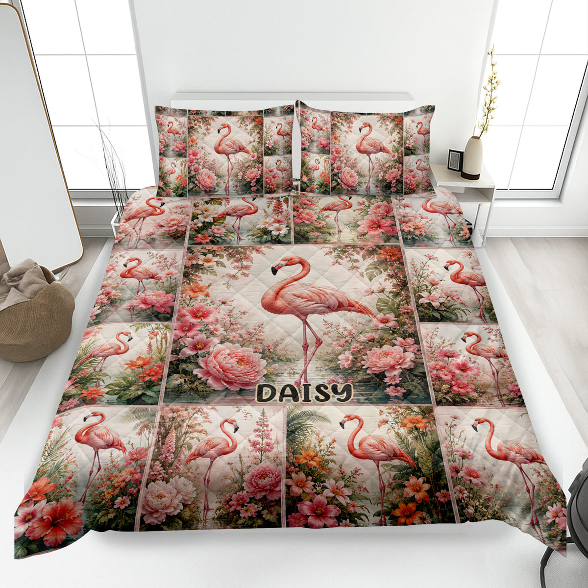 Flamingo quilt blanket bedding set displayed on a bed with pink flowers and tropical botanical artwork