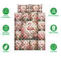 Flamingo quilt bedding set shown flat with coordinating pillowcases and soft breathable design icons