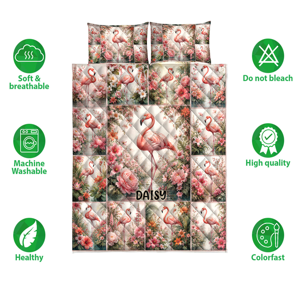 Flamingo quilt bedding set shown flat with coordinating pillowcases and soft breathable design icons