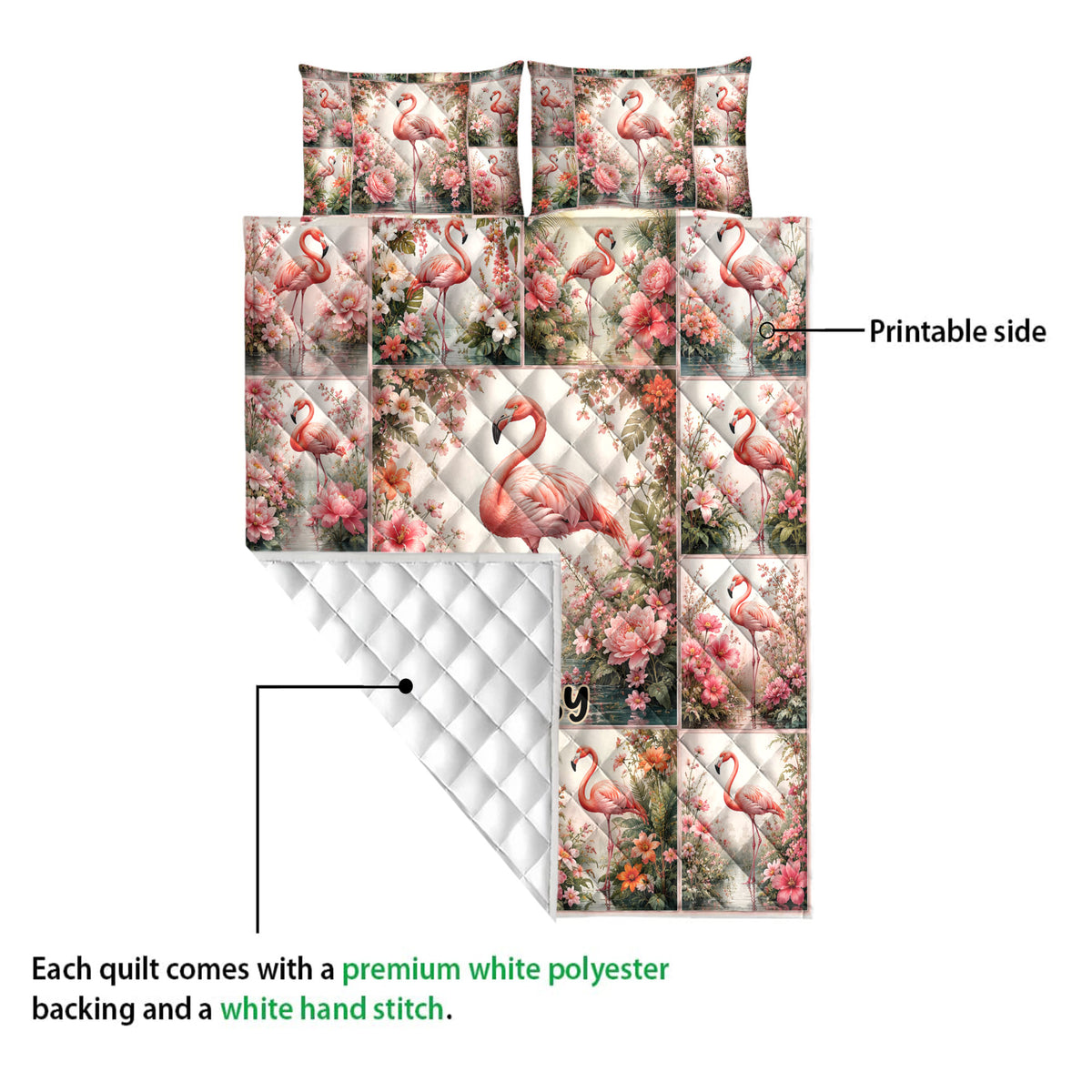 Flamingo quilt showing the printed floral front and white quilted reverse detail