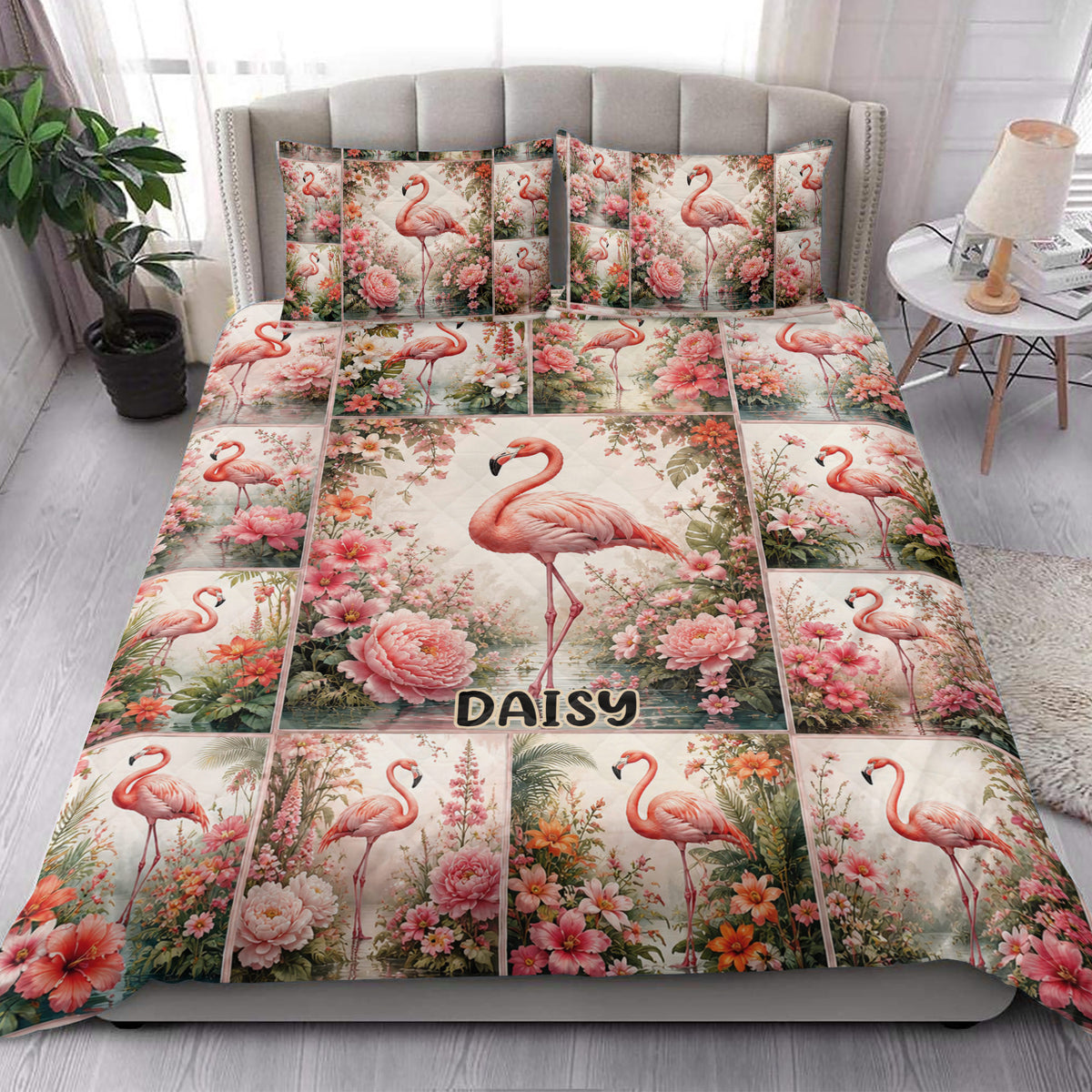 Flamingo quilt blanket styled on a bedroom bed with pink flowers and tropical bird artwork