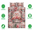 Flamingo quilt bedding set with tropical floral artwork and icons showing softness, washability, and colorfast design