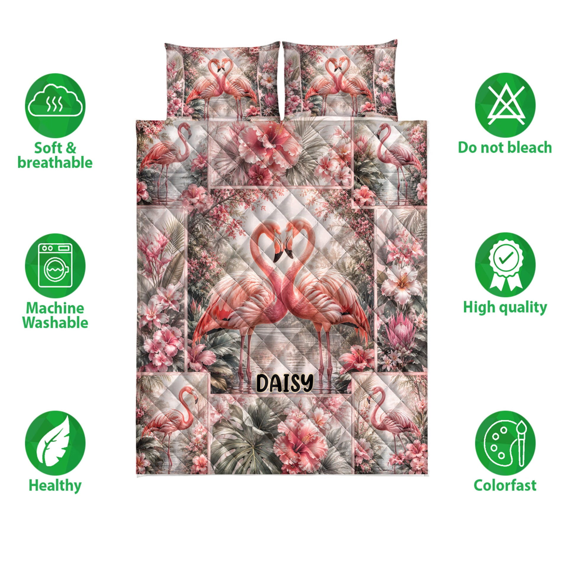 Flamingo quilt bedding set with tropical floral artwork and icons showing softness, washability, and colorfast design