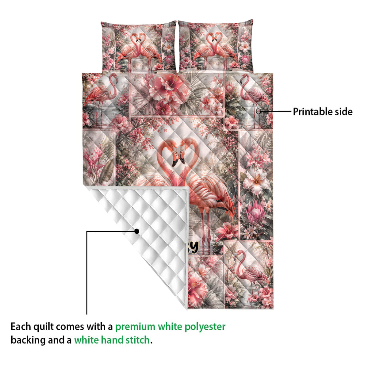 Flamingo quilt showing the vibrant printed front and white diamond-quilted backing