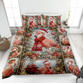 Christmas flamingo quilt blanket displayed on a bed with festive trees, ornaments, gifts, and red scarves