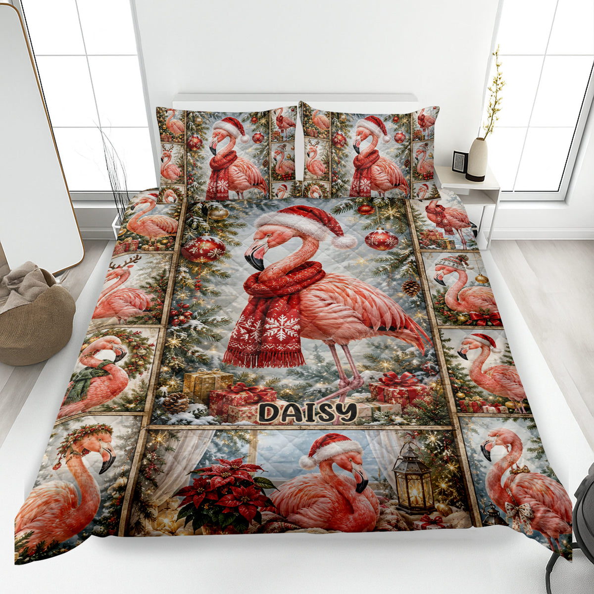 Christmas flamingo quilt blanket displayed on a bed with festive trees, ornaments, gifts, and red scarves