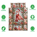 Christmas flamingo quilt bedding set shown with festive artwork and surrounding quality feature icons