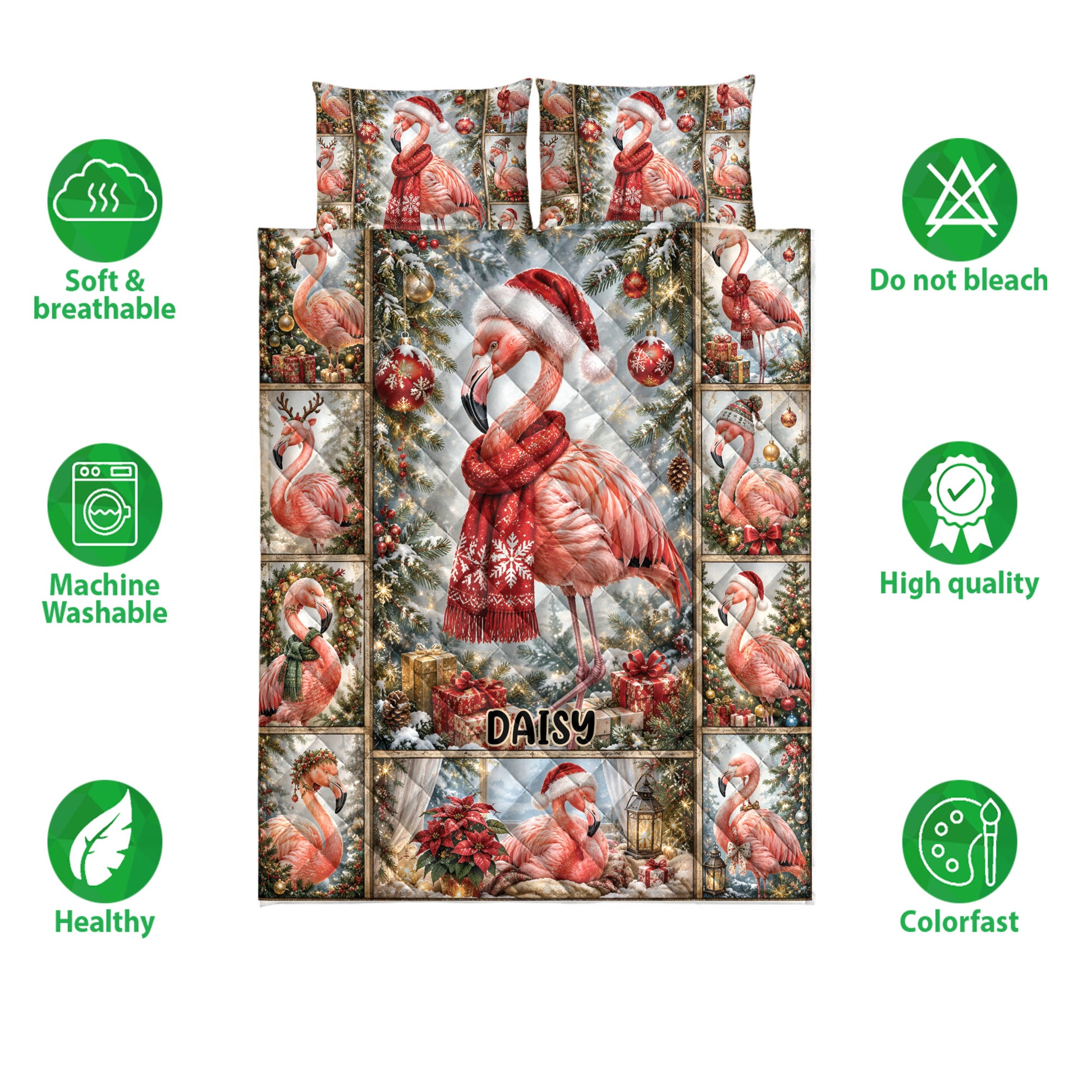Christmas flamingo quilt bedding set shown with festive artwork and surrounding quality feature icons