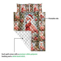 Christmas flamingo quilt showing its printed front, white quilted backing, and stitched construction