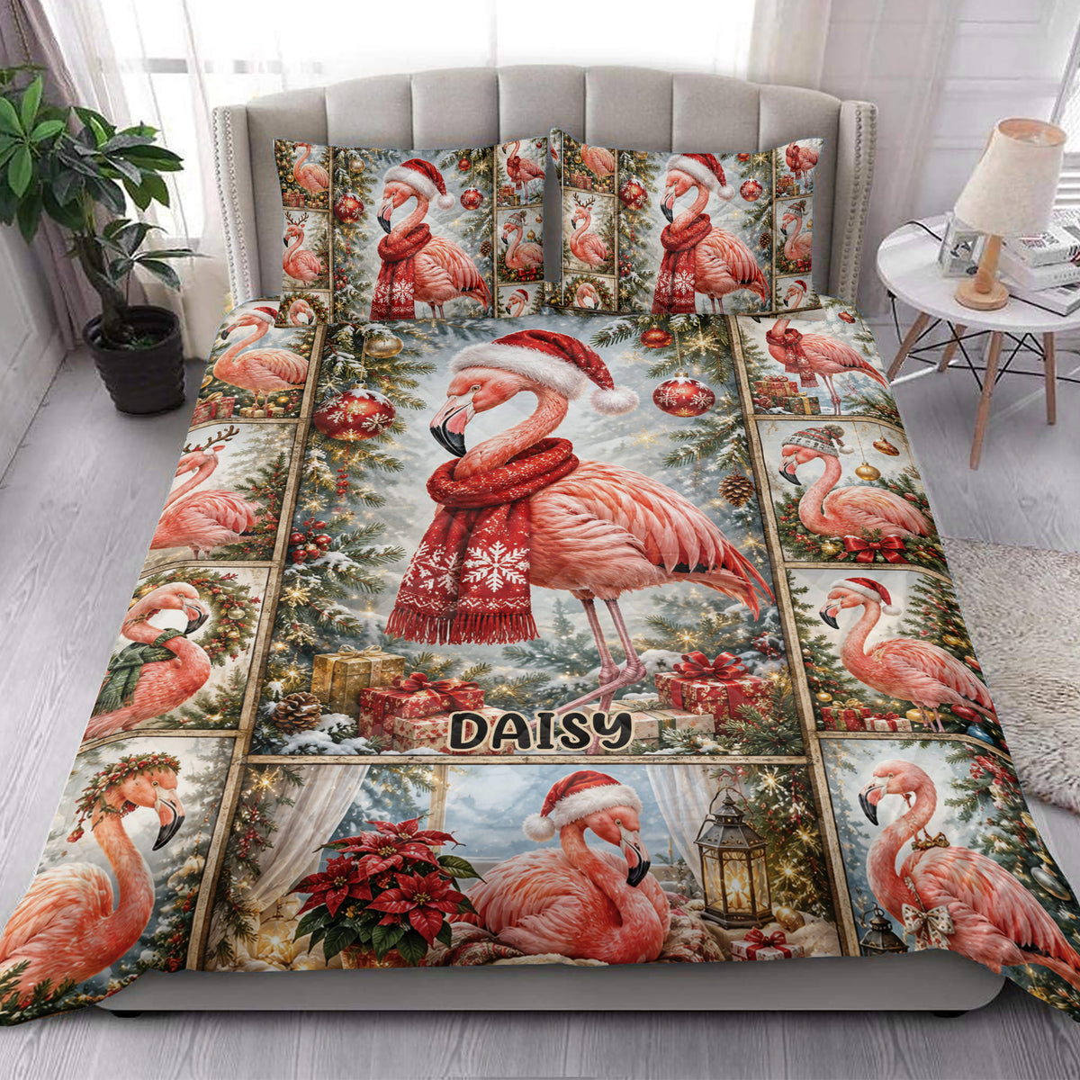 Christmas flamingo quilt blanket styled on a bedroom bed with matching festive flamingo pillow artwork