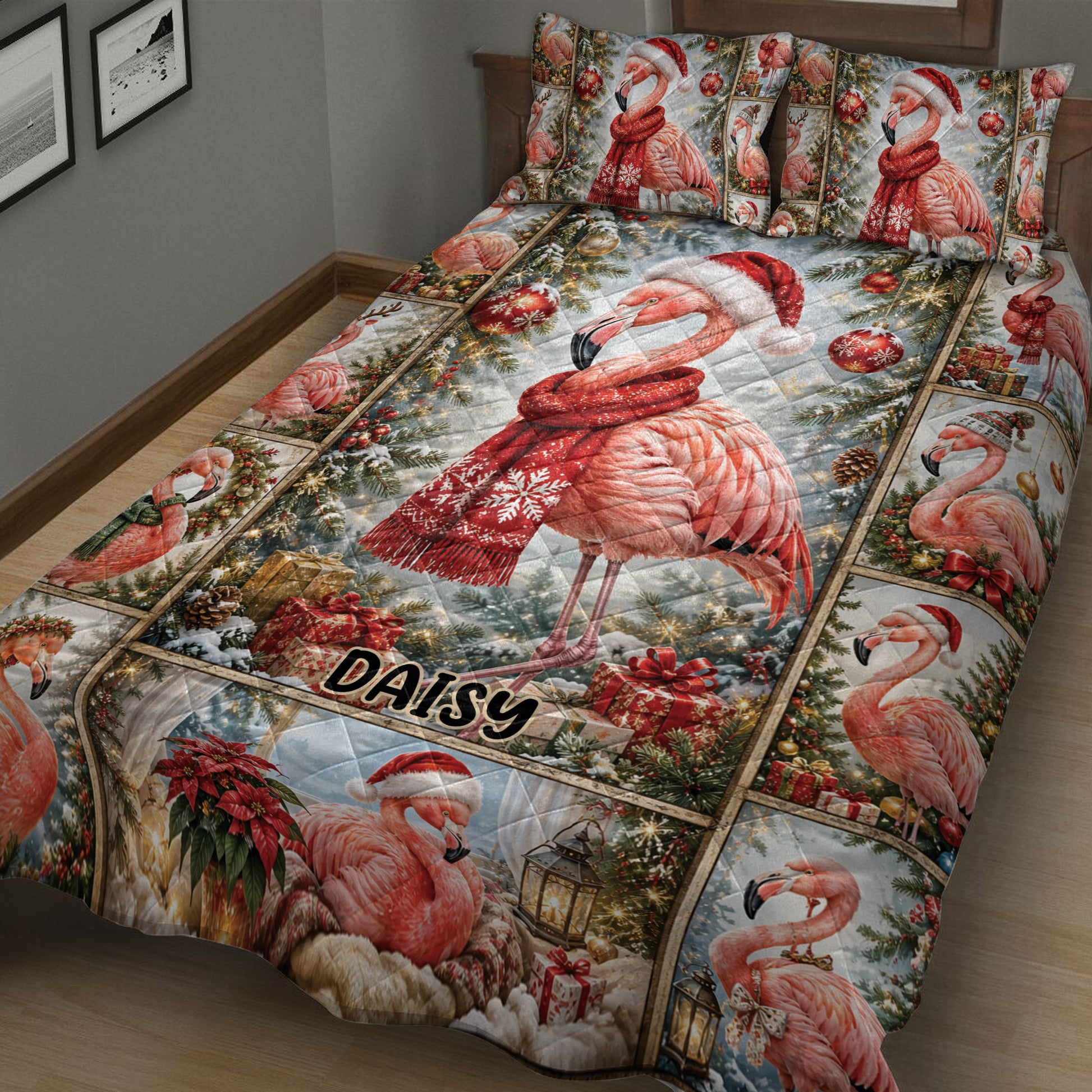 Close bedroom view of a Christmas flamingo quilt blanket with ornaments, gifts, trees, and poinsettias