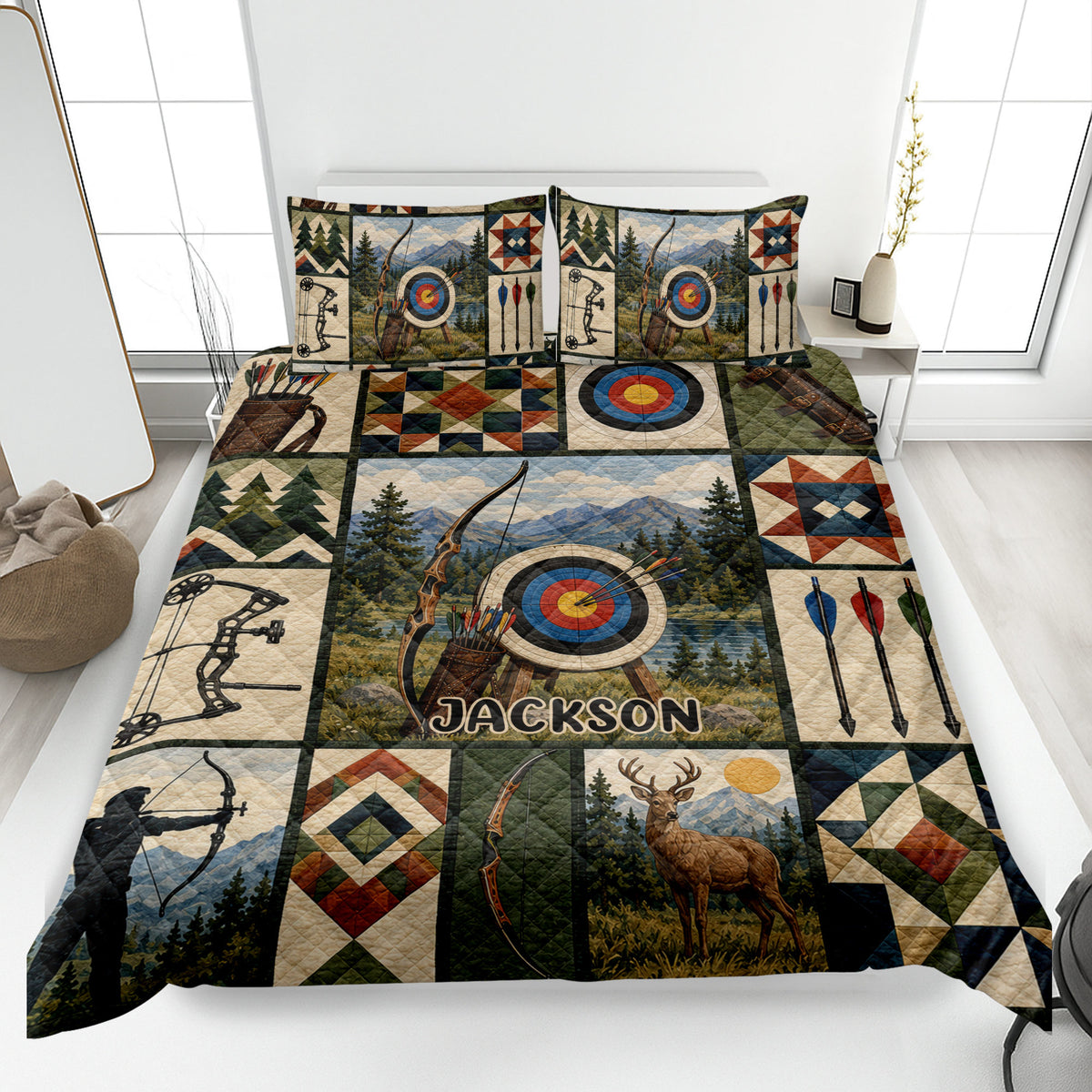 Archery quilt blanket on a bed with bows, arrows, targets, mountains, forests, and deer artwork