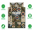 Archery quilt bedding set displayed with bow, arrow, target, quiver, and woodland artwork